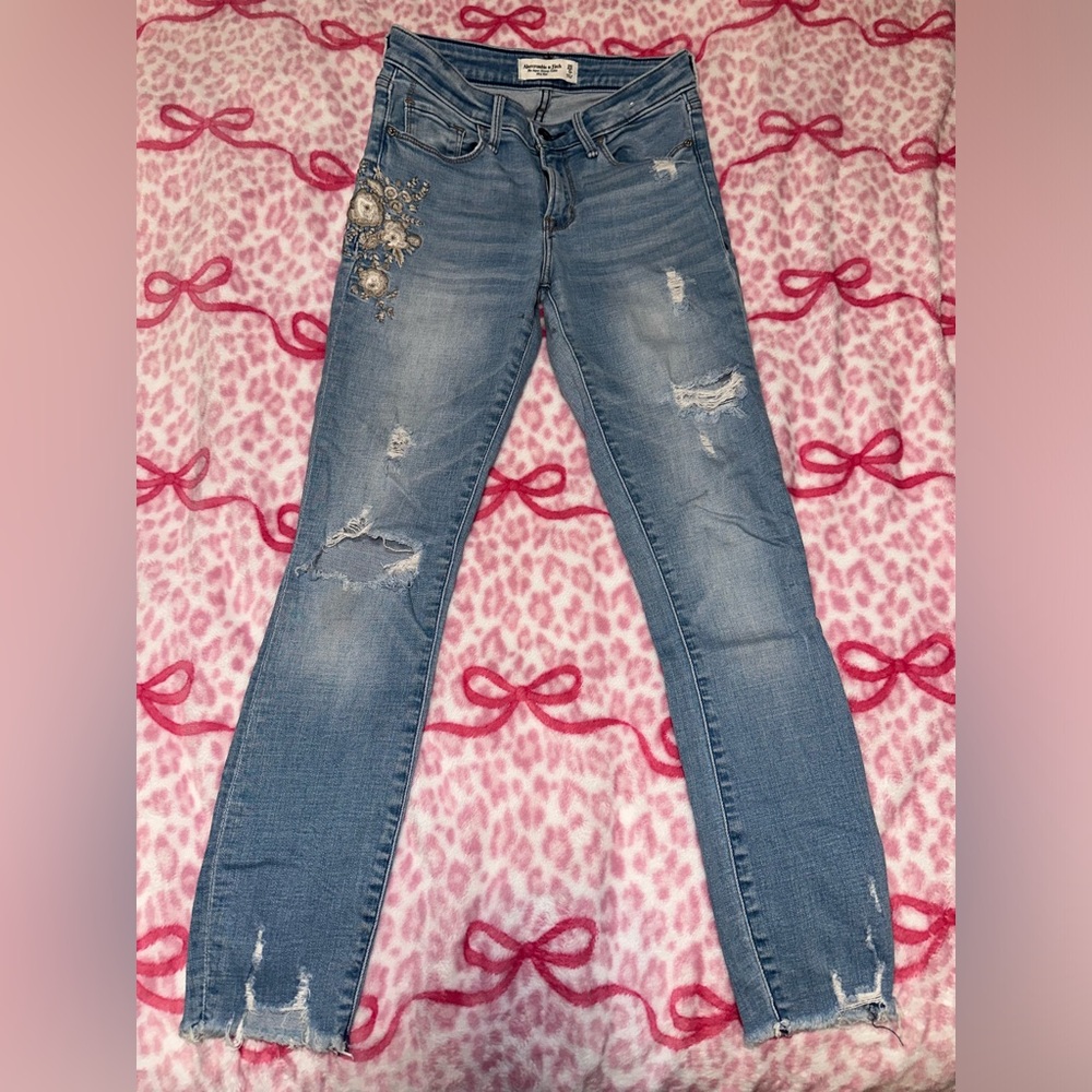 Abercrombie & Fitch Light Blue Skinny Jeans with Floral Embellishments